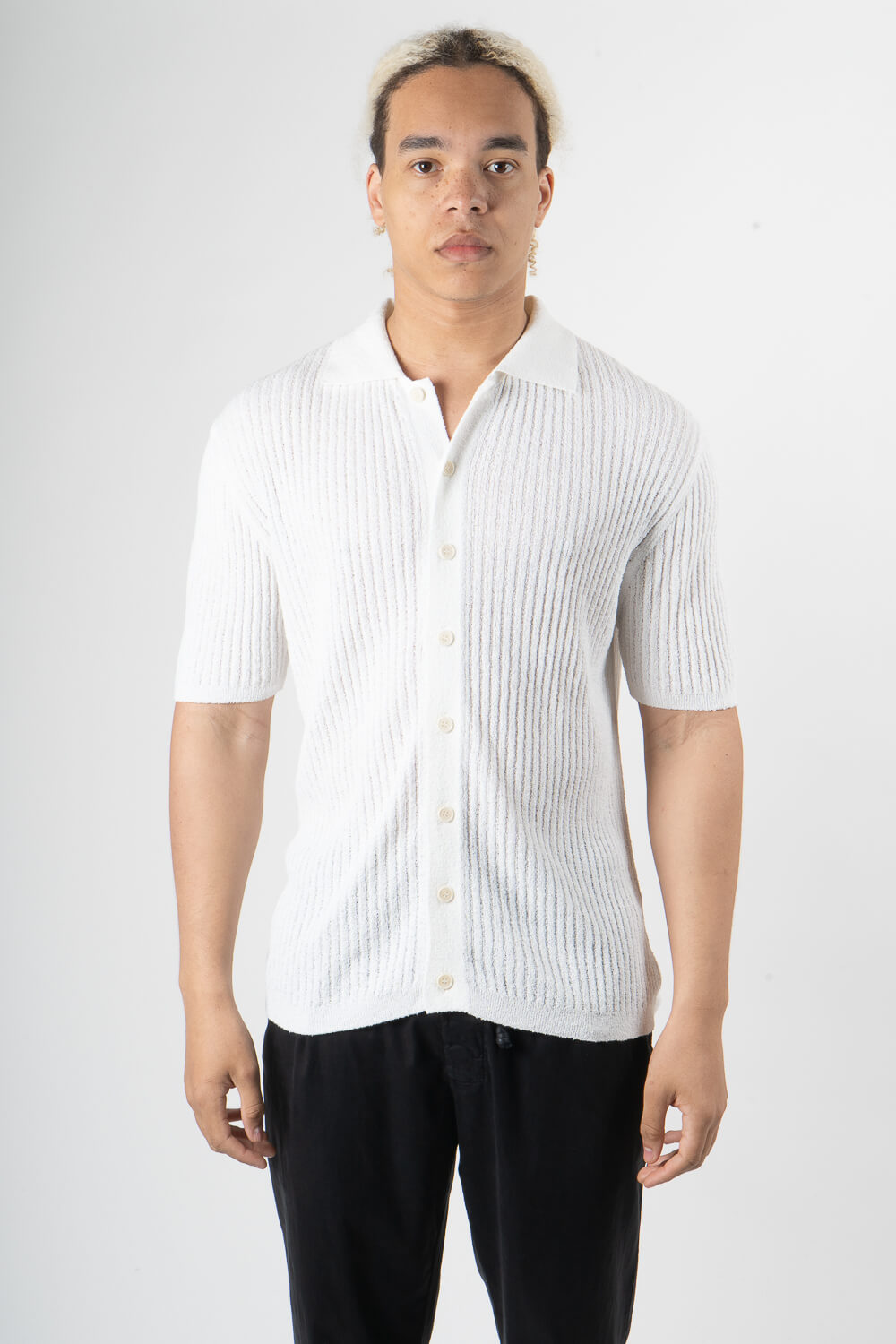 Full Button-Up Textured Cotton Shirt White