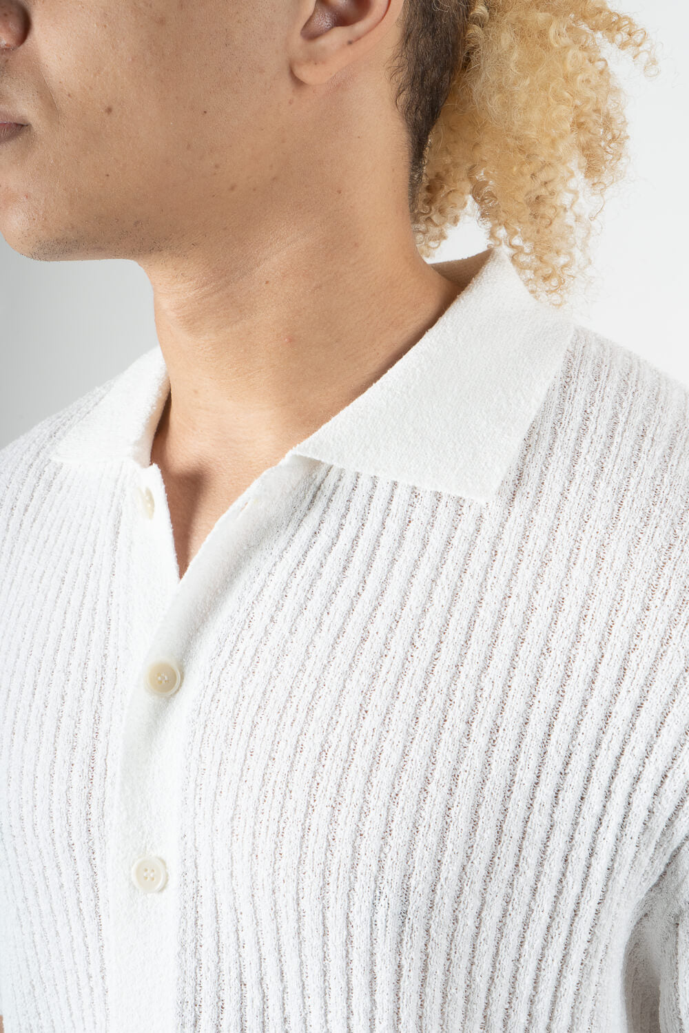 Full Button-Up Textured Cotton Shirt White