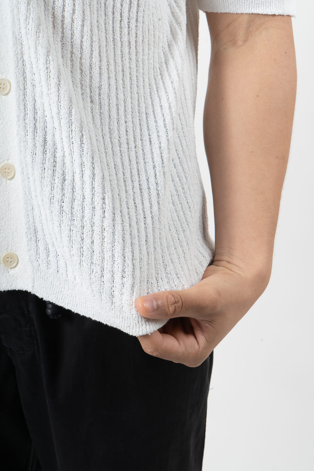 Full Button-Up Textured Cotton Shirt White