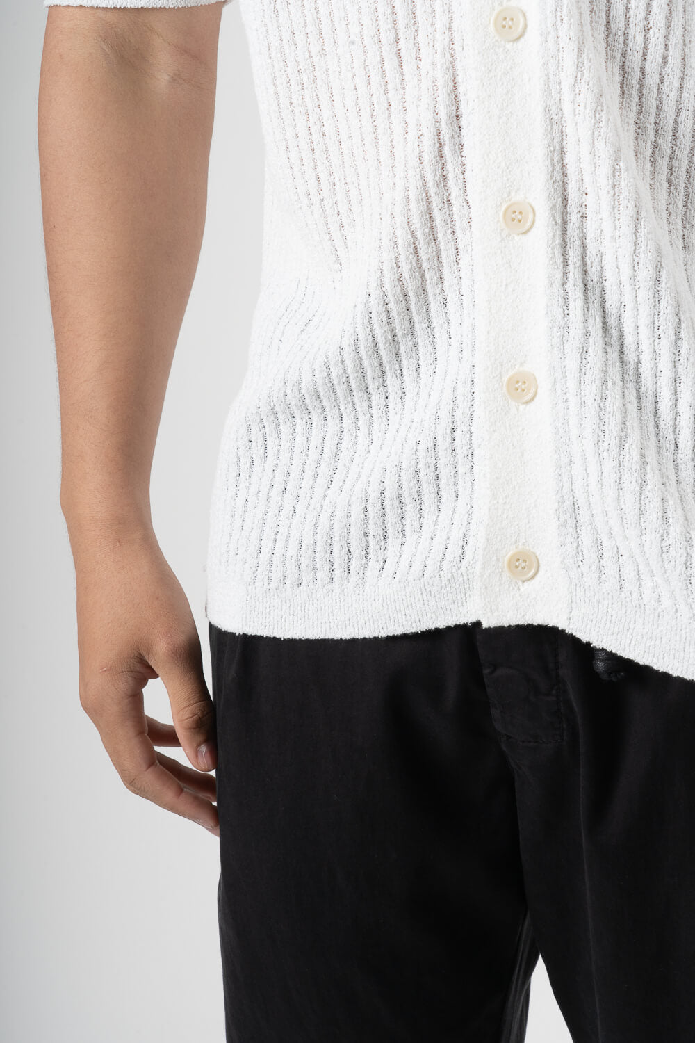 Full Button-Up Textured Cotton Shirt White