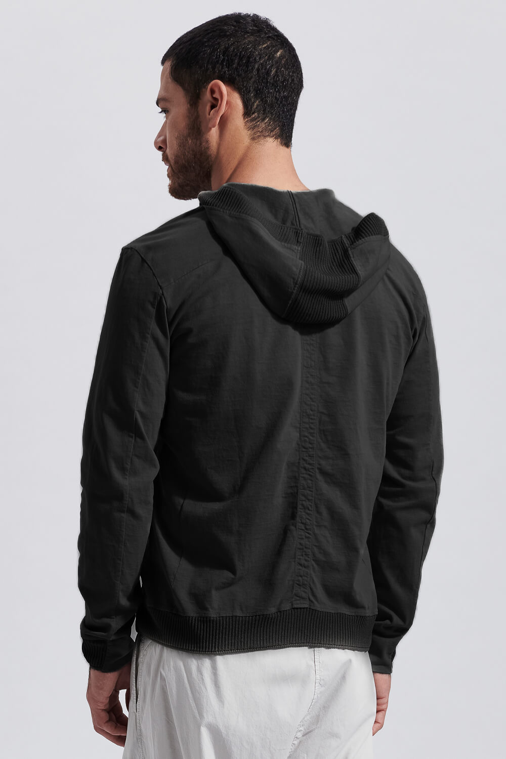 Full Zip-Up Jersey Hoodie W/ Rib Detail Black