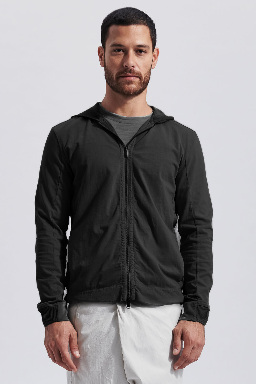 Full Zip-Up Jersey Hoodie W/ Rib Detail Black