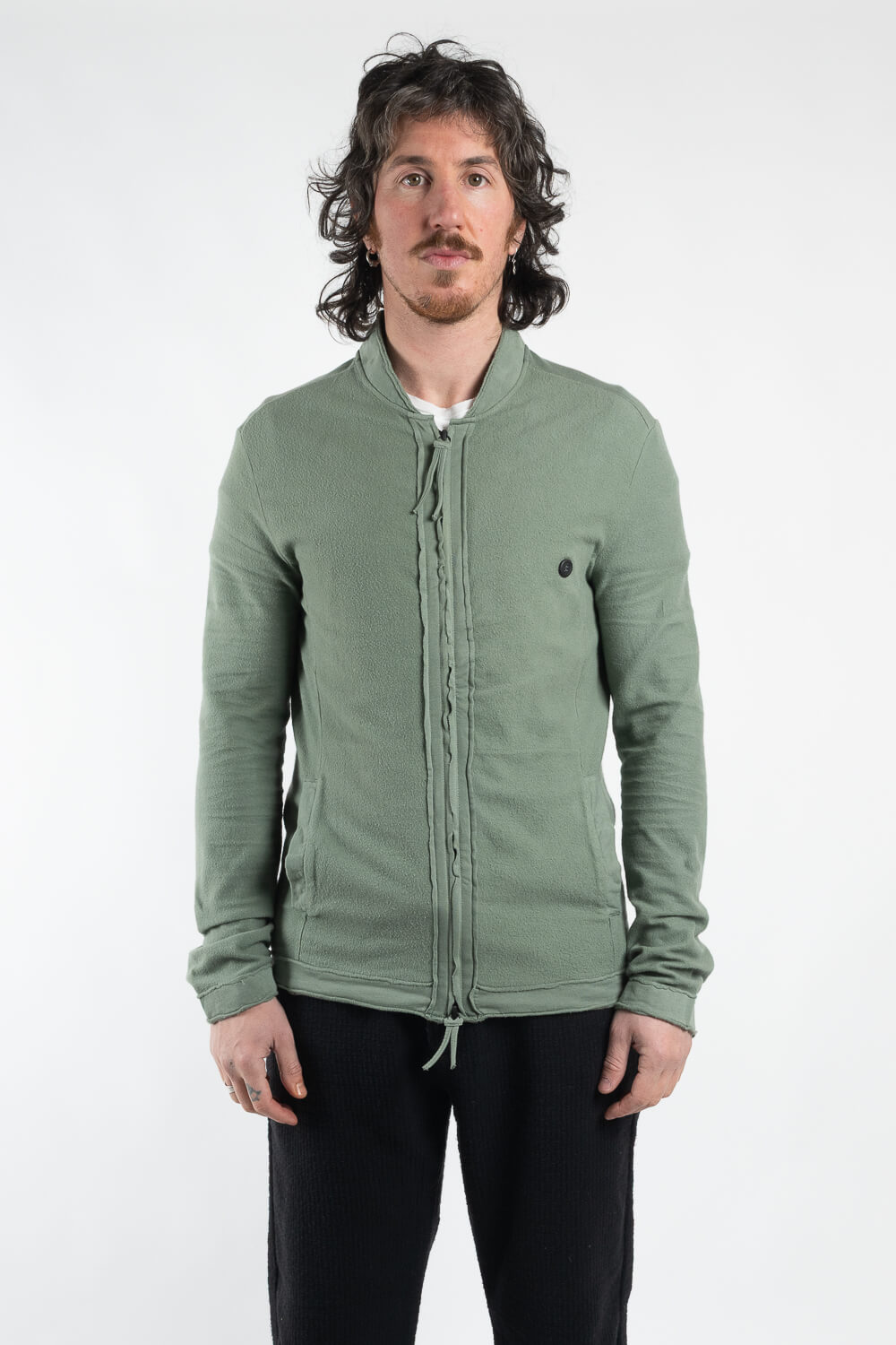 Full Zip Raw Edge Panel Jersey Cotton Overshirt Green