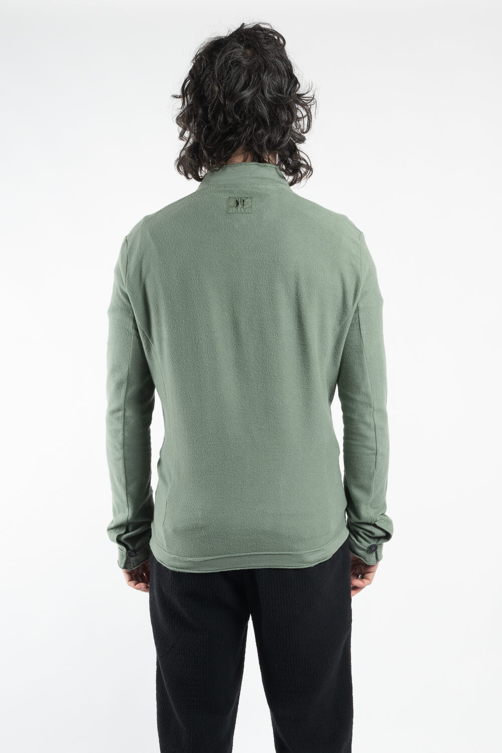 Full Zip Raw Edge Panel Jersey Cotton Overshirt Green