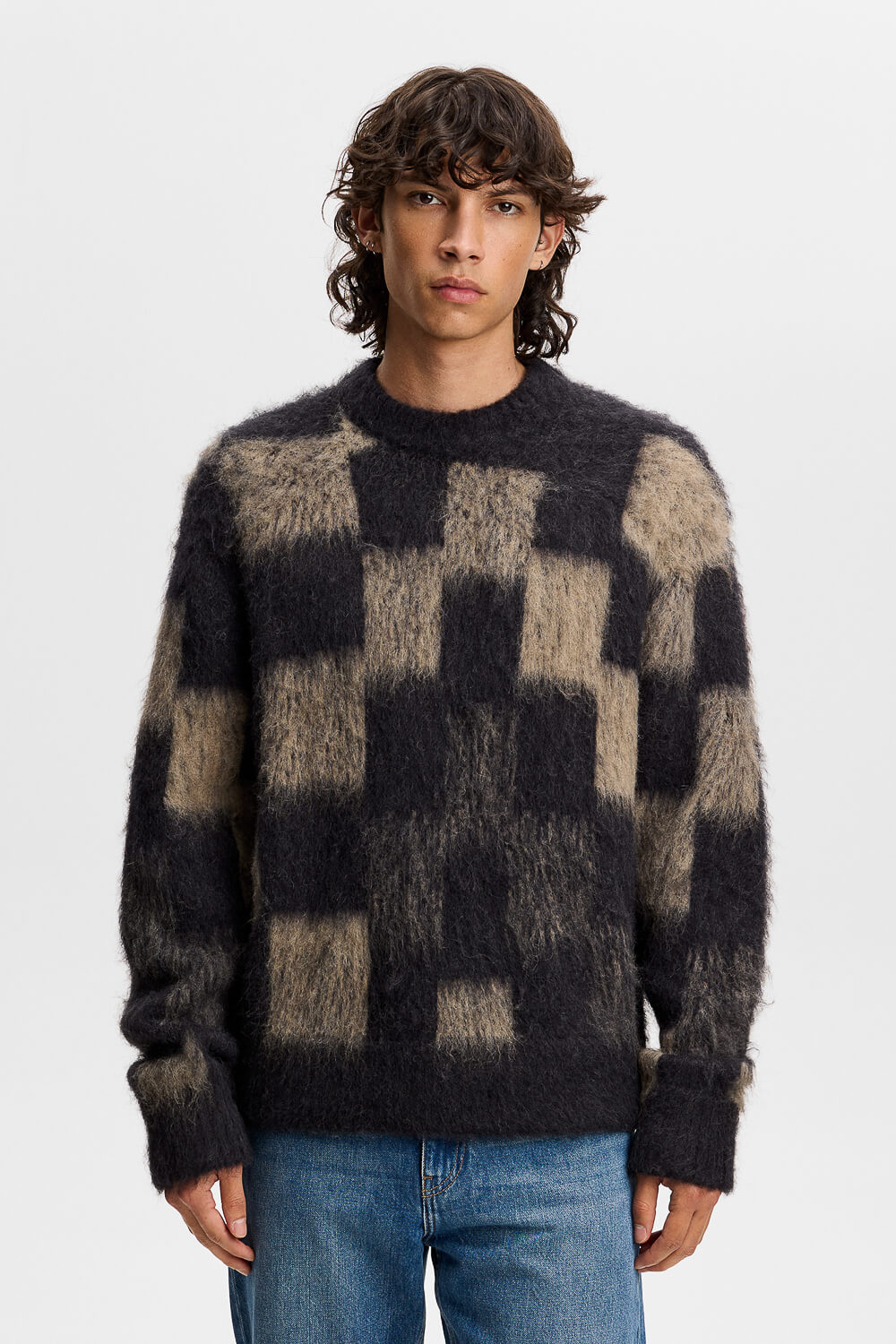 Hank Hairy Graphic Knit Beige/Black