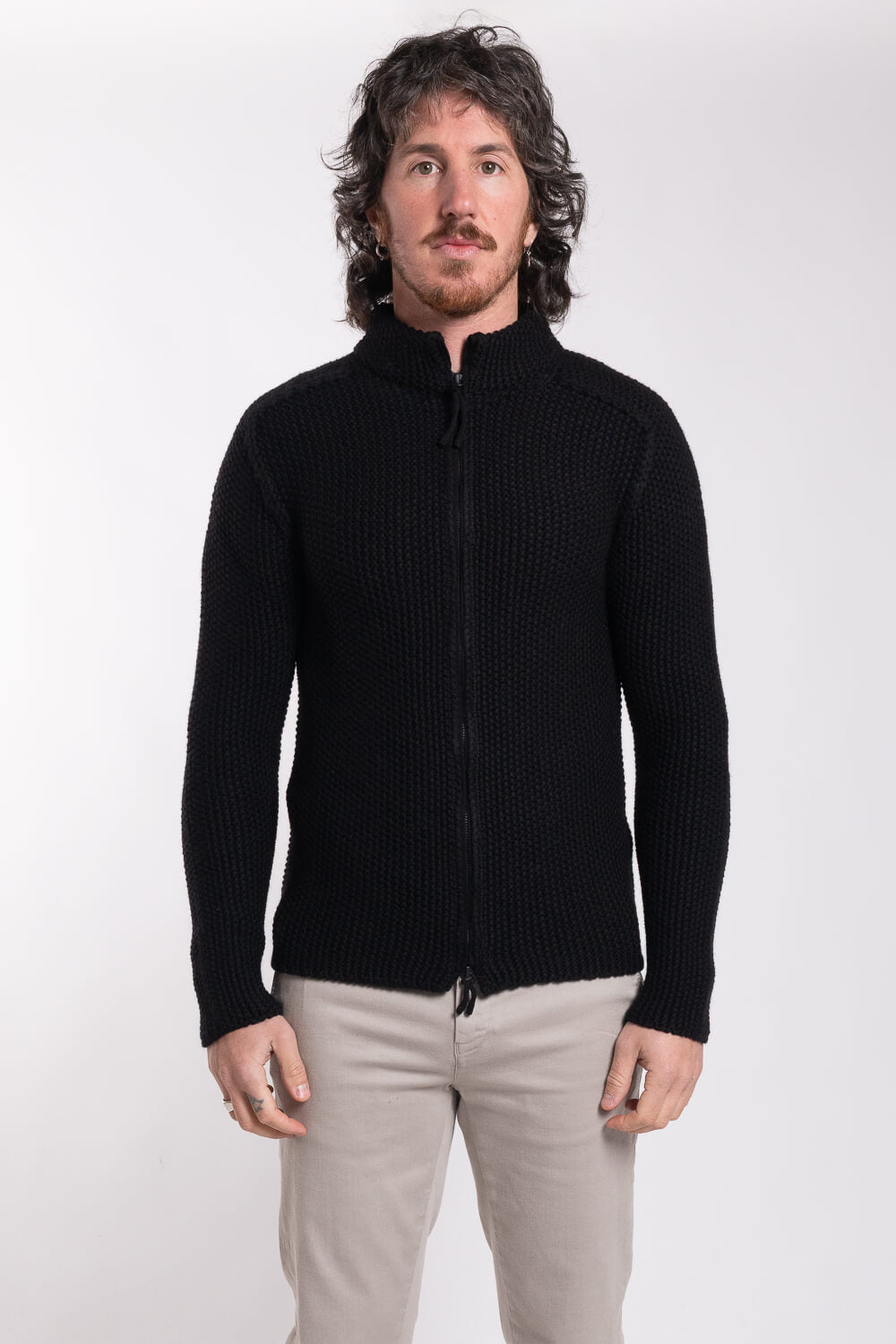 Heavy Full Zip Raw Edge Cable Knit Cardigan Black