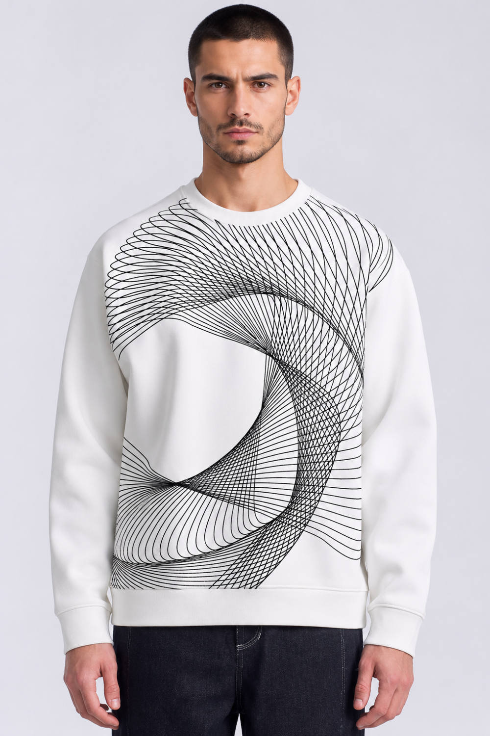 Cotton Blend Abstract Wave Embroidered Crew Neck Sweatshirt White