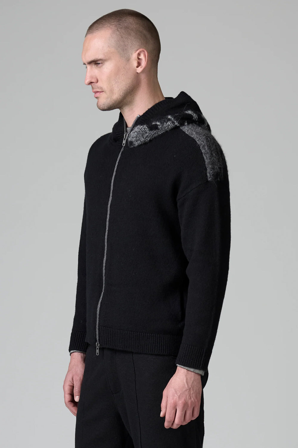 Inlay Detail Alpaca Zip-Up Hoodie Black