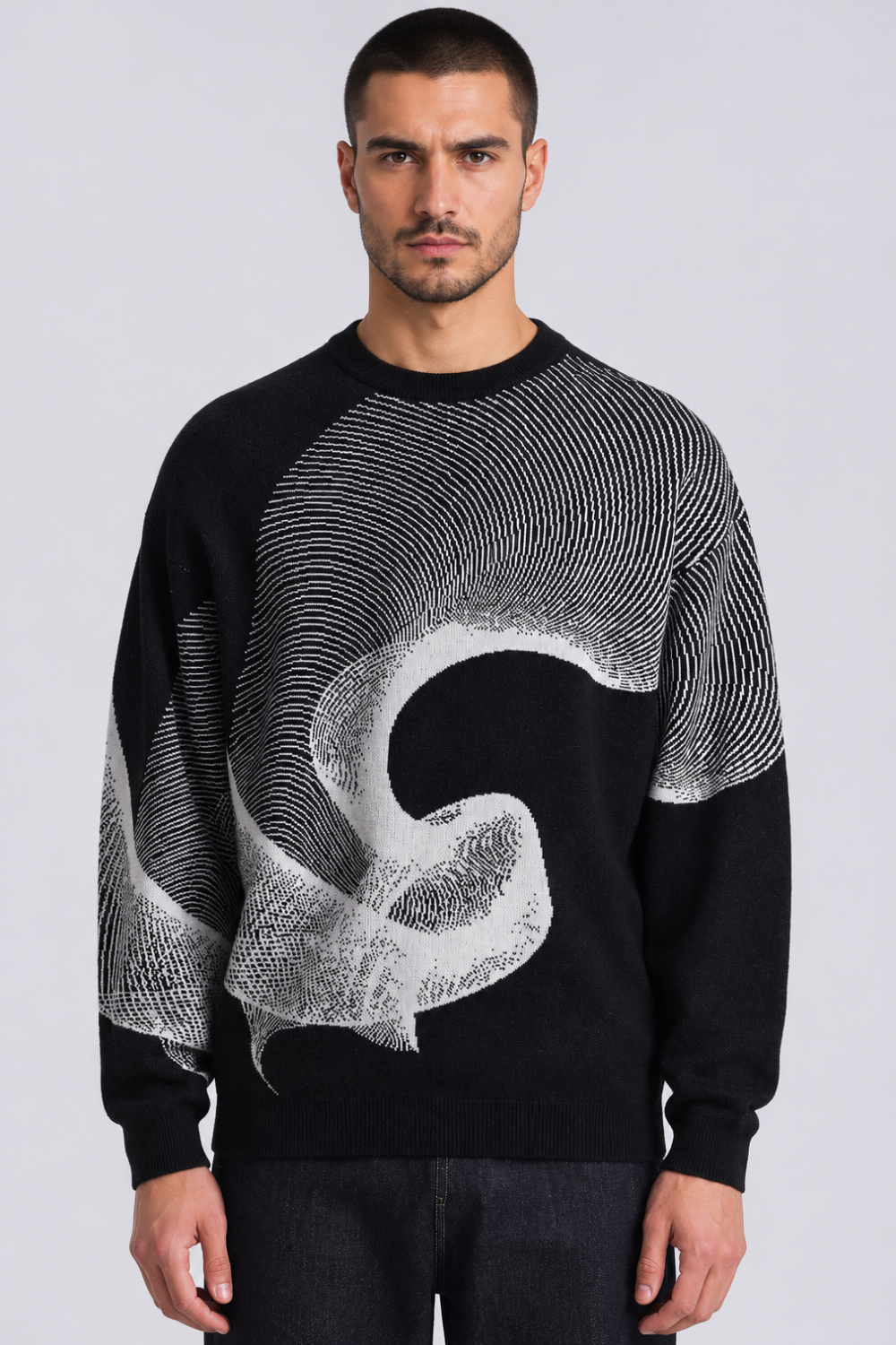 Wool Crew Neck Jumper W/ Abstract Wavy Jacquard Pattern Black