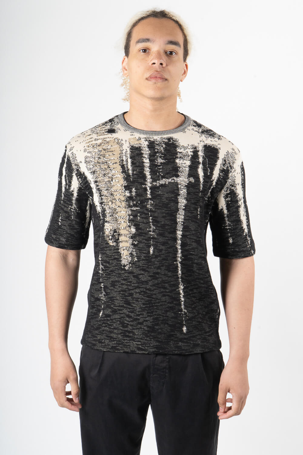 Italian Cotton Knit Design Round T-Shirt Black