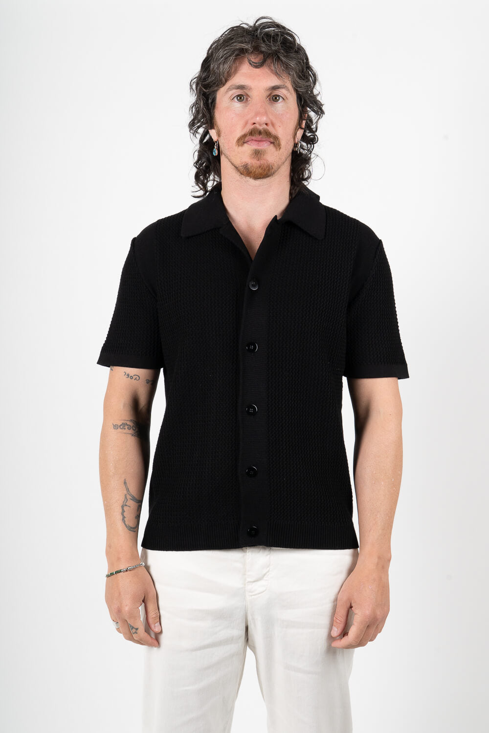 Italian Cotton Knitted Button-Up Shirt Black
