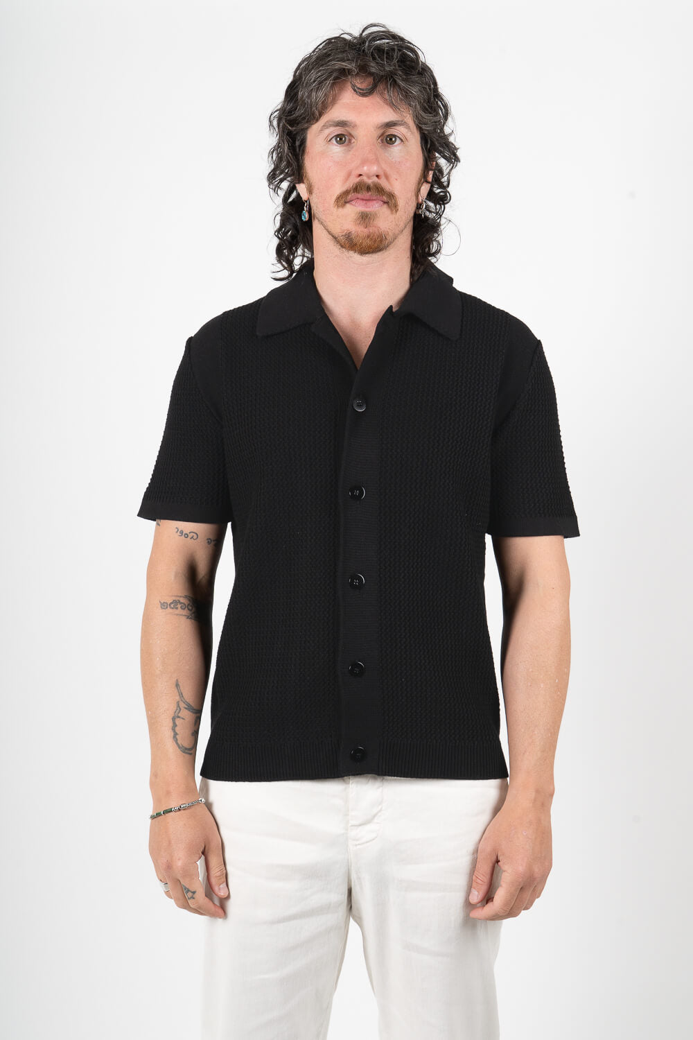 Italian Cotton Knitted Button-Up Shirt Black
