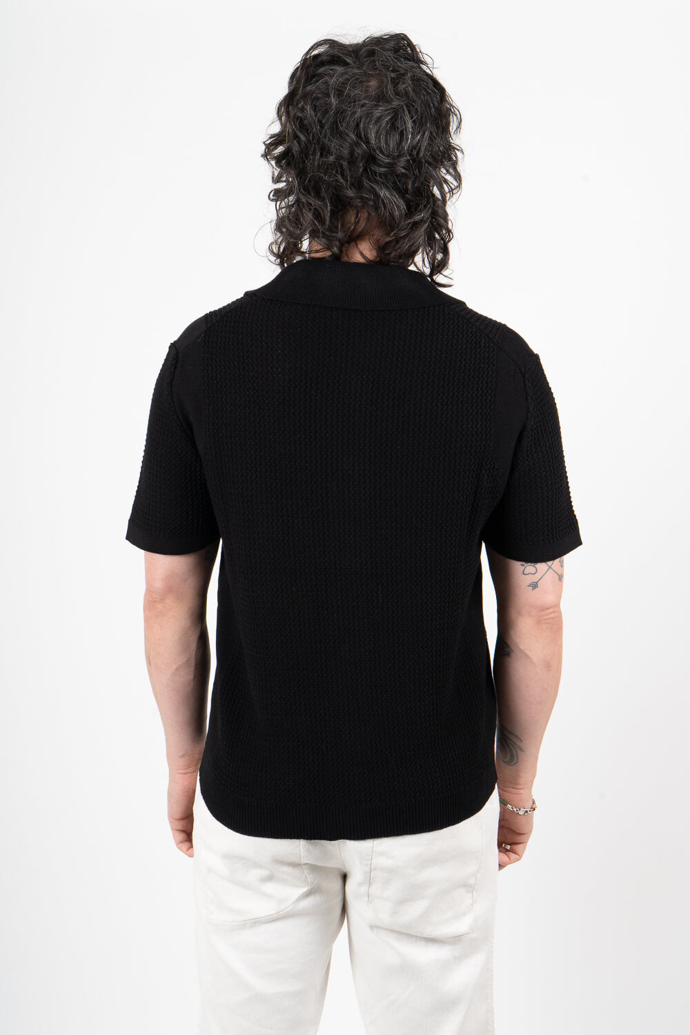 Italian Cotton Knitted Button-Up Shirt Black