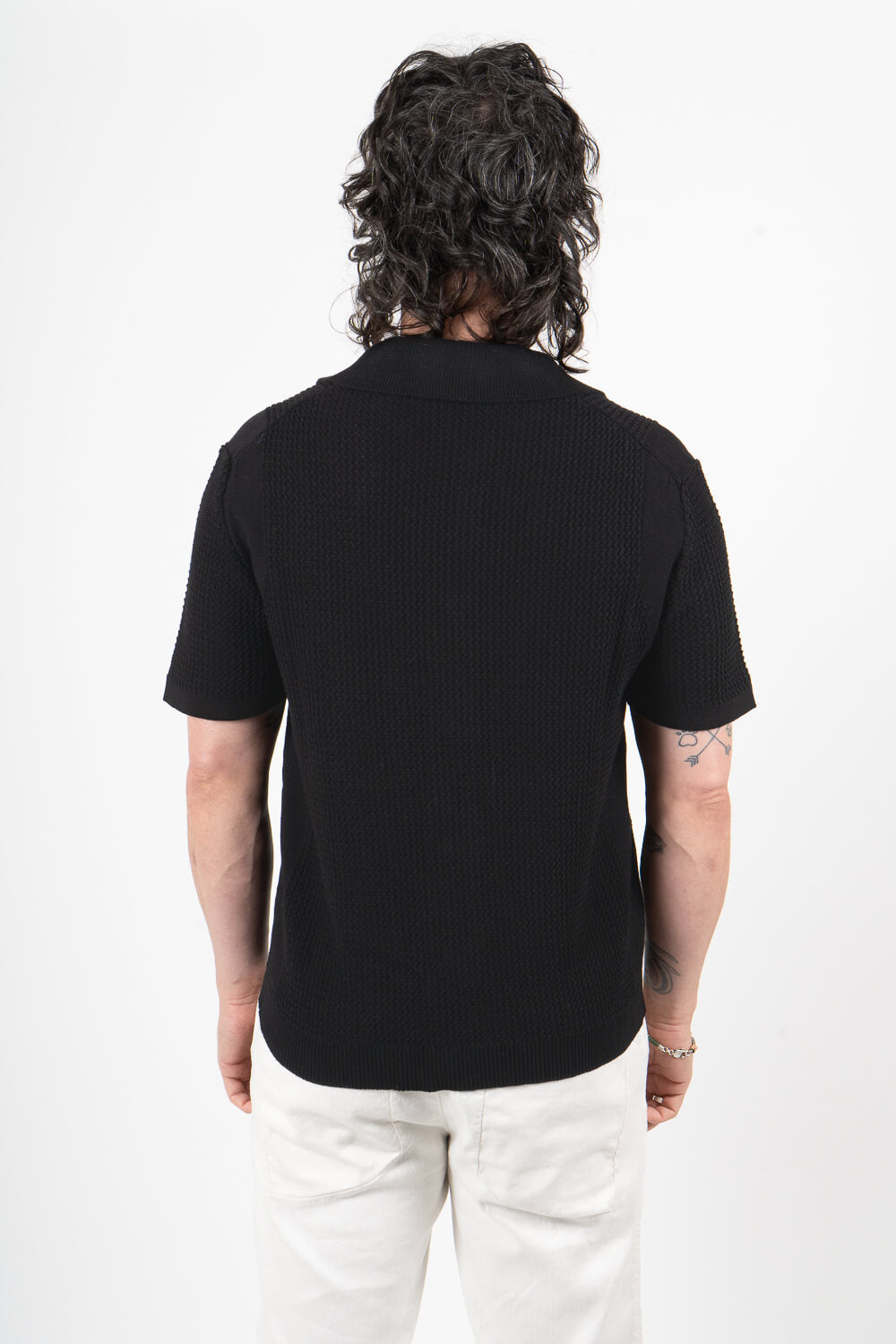 Italian Cotton Knitted Button-Up Shirt Black