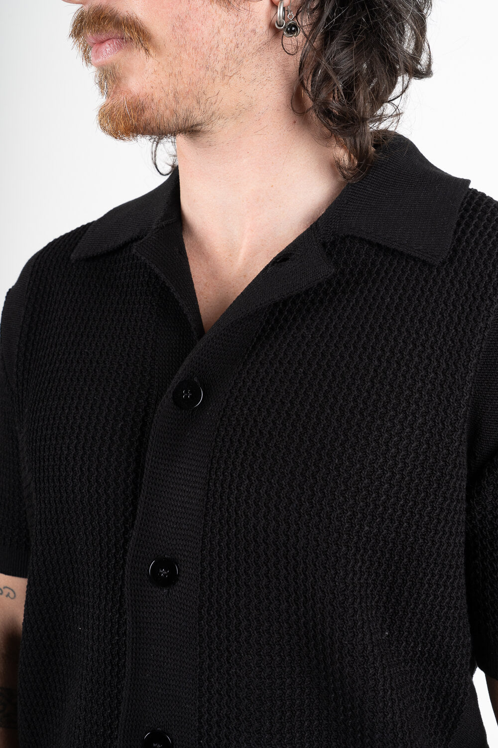 Italian Cotton Knitted Button-Up Shirt Black