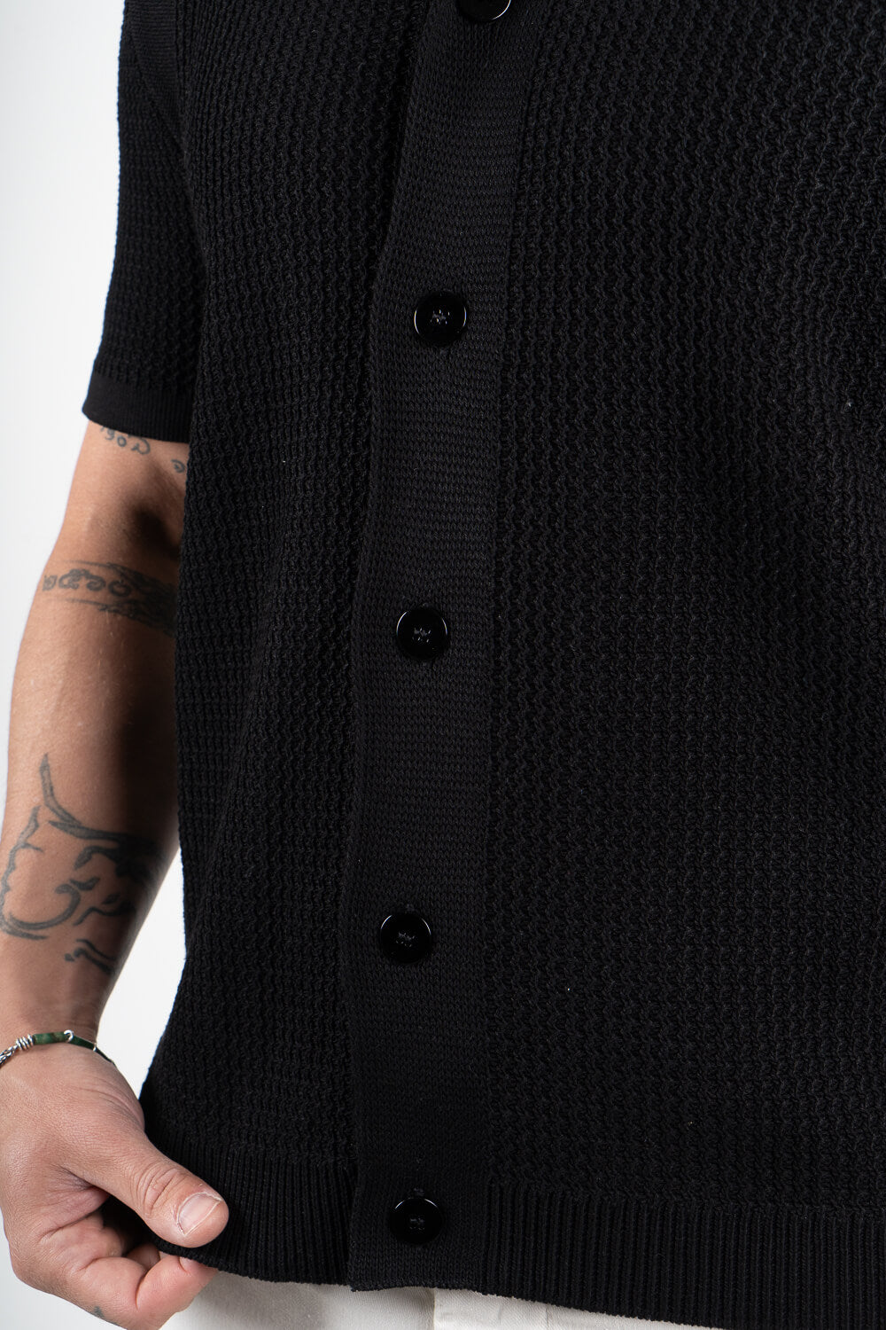 Italian Cotton Knitted Button-Up Shirt Black