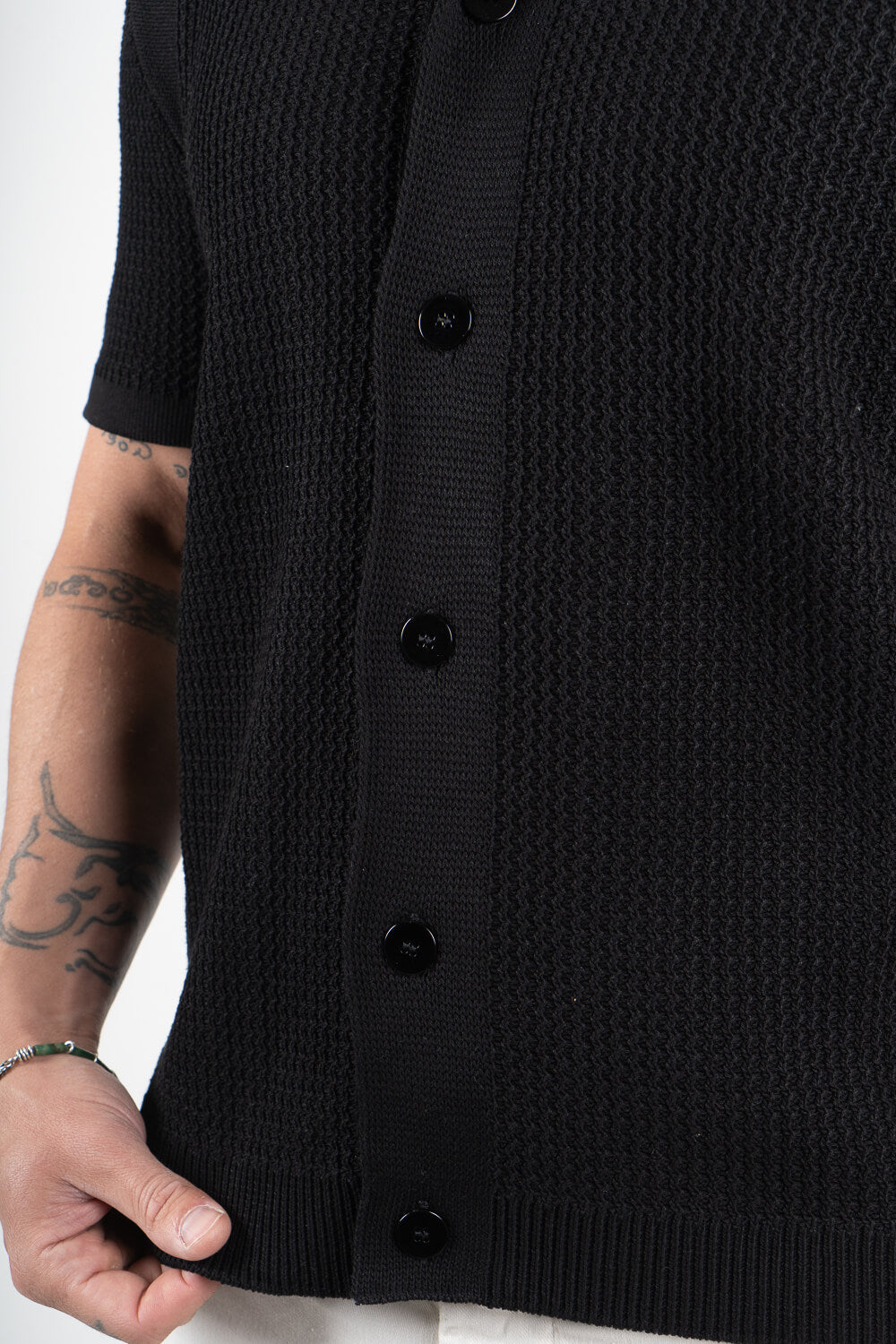 Italian Cotton Knitted Button-Up Shirt Black