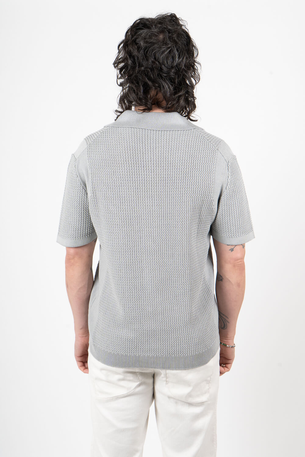 Italian Cotton Knitted Button-Up Shirt Light Grey