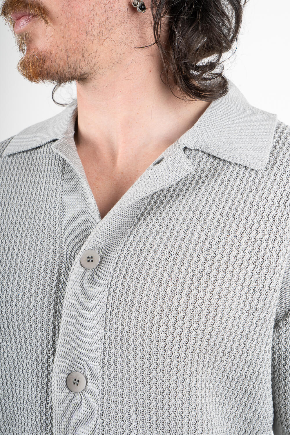 Italian Cotton Knitted Button-Up Shirt Light Grey