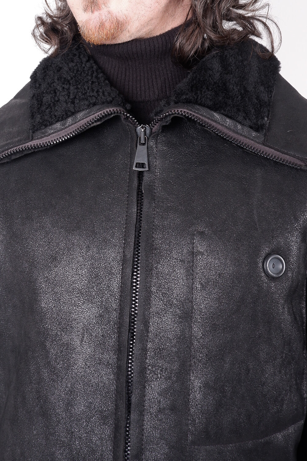Italian Leather Shearling Bomber Jacket Black