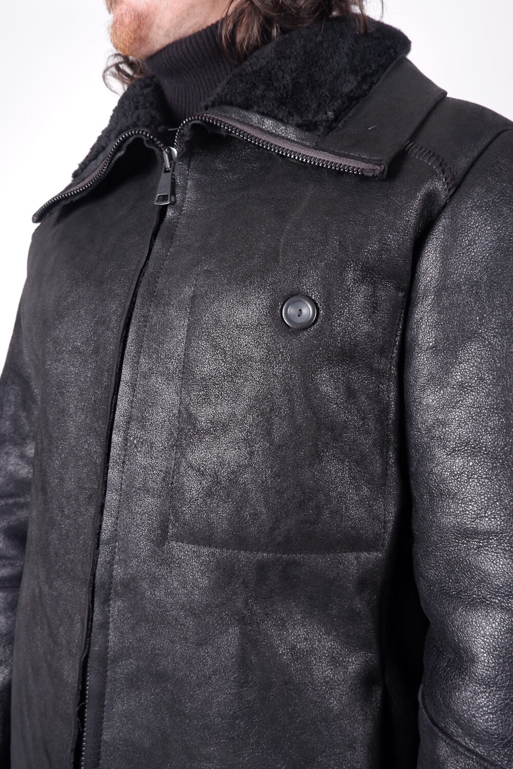 Italian Leather Shearling Bomber Jacket Black