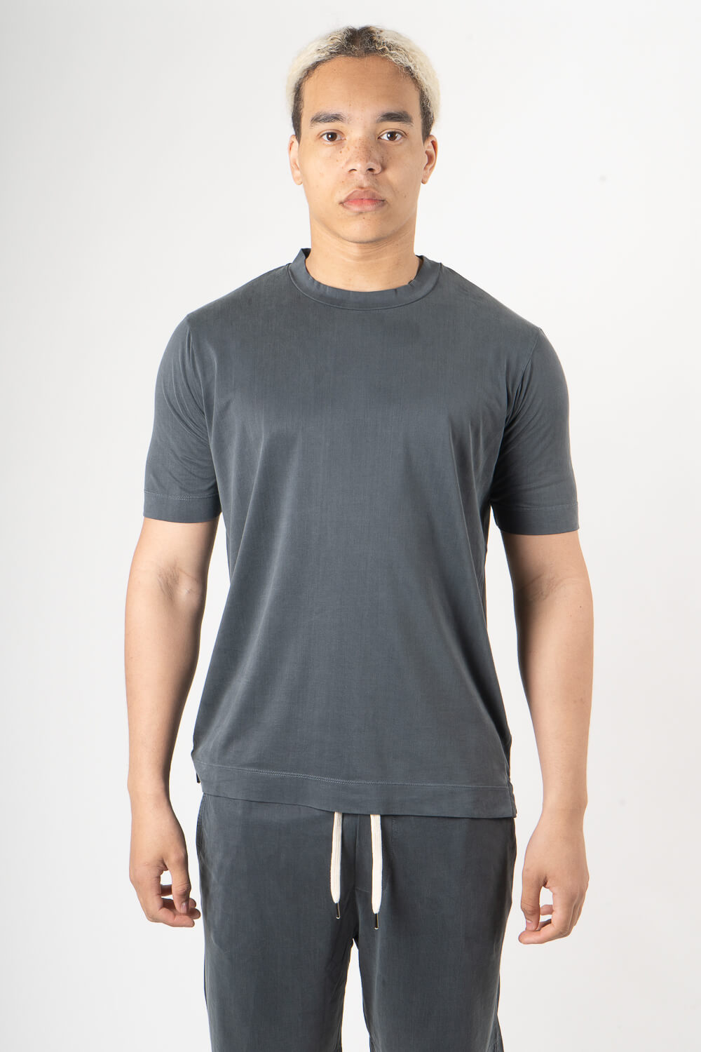 Italian Pure Silk Round Neck T-Shirt Steel Blue