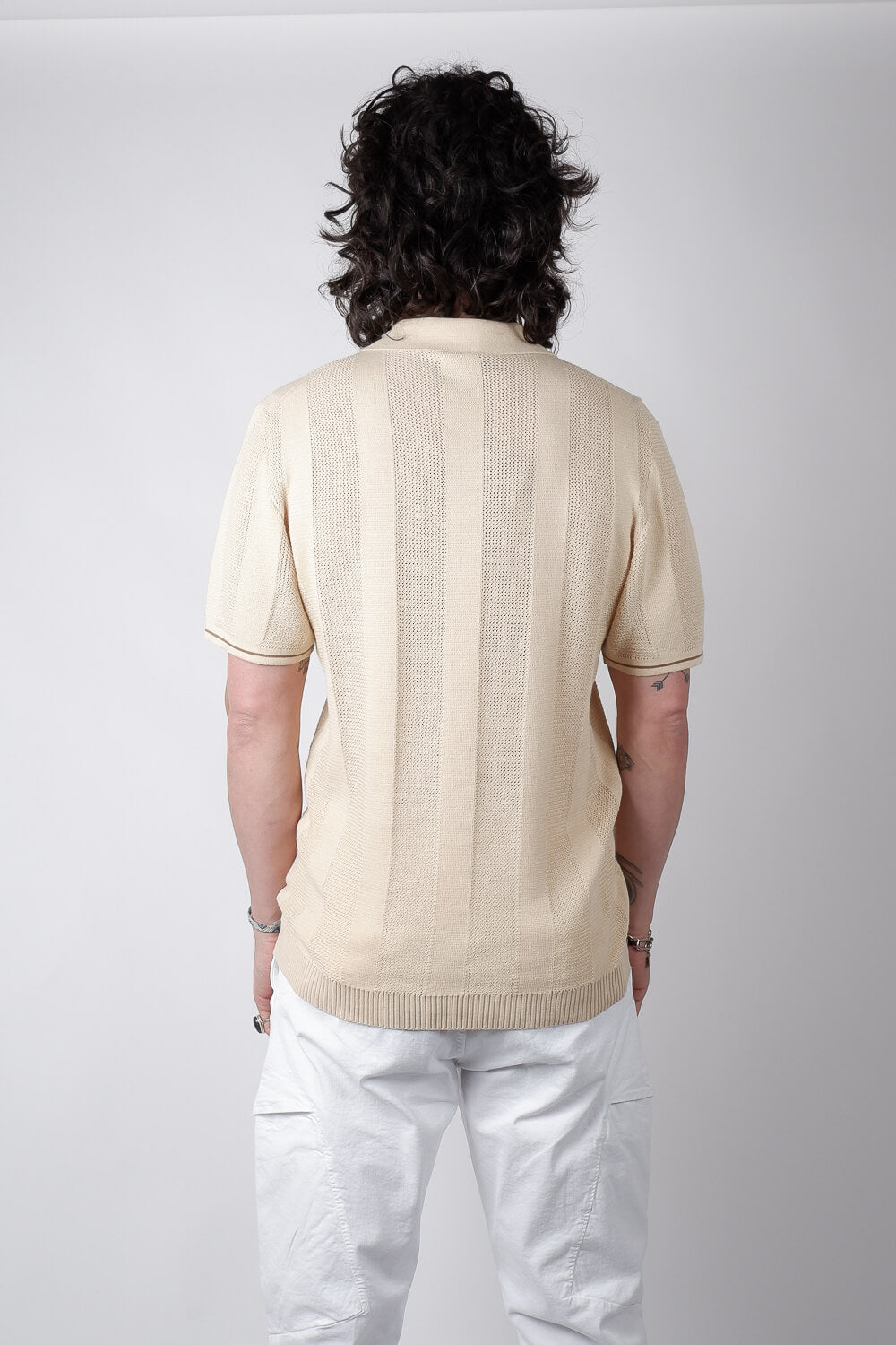 Jacquard Italian Knit Zip Polo Beige