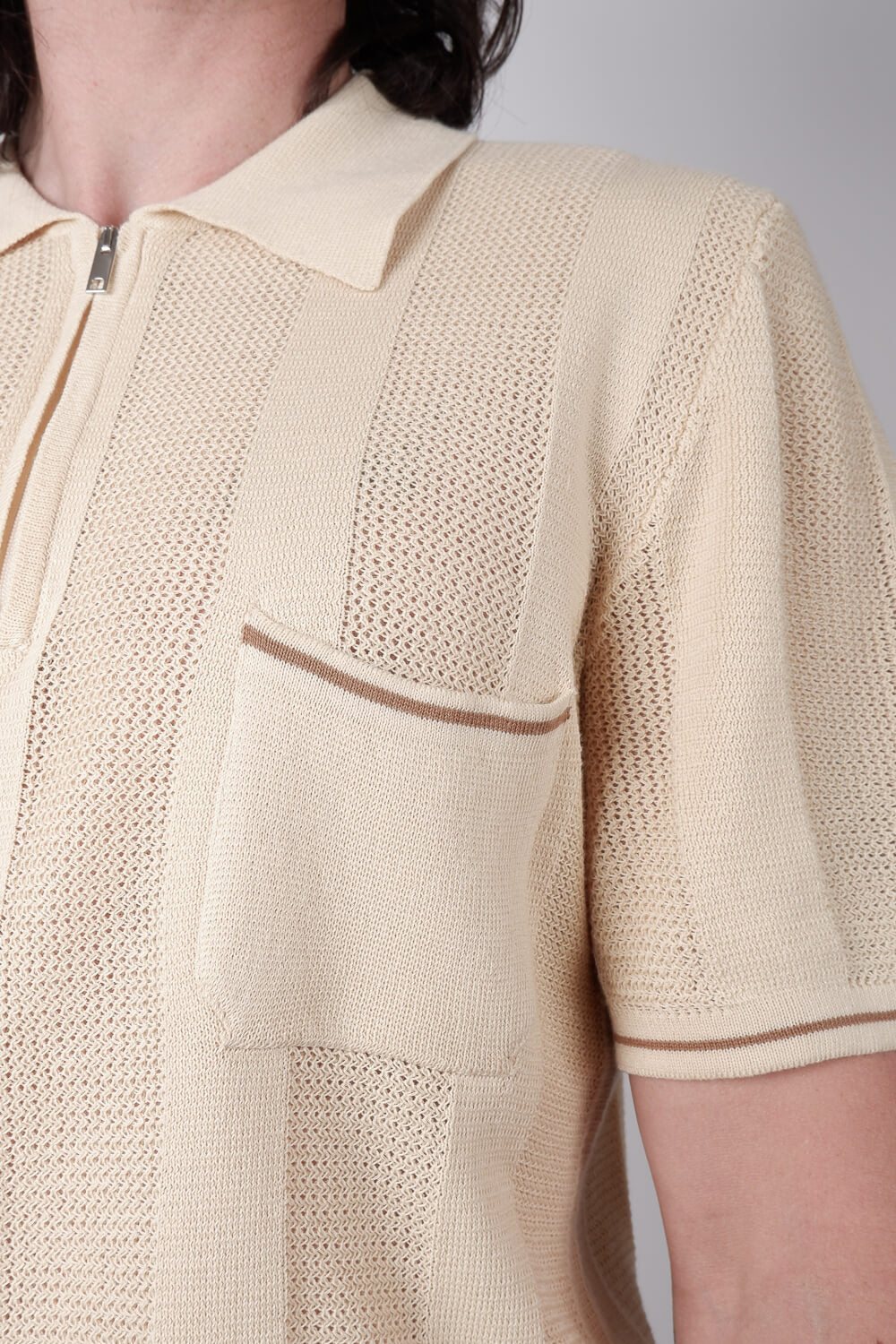 Jacquard Italian Knit Zip Polo Beige