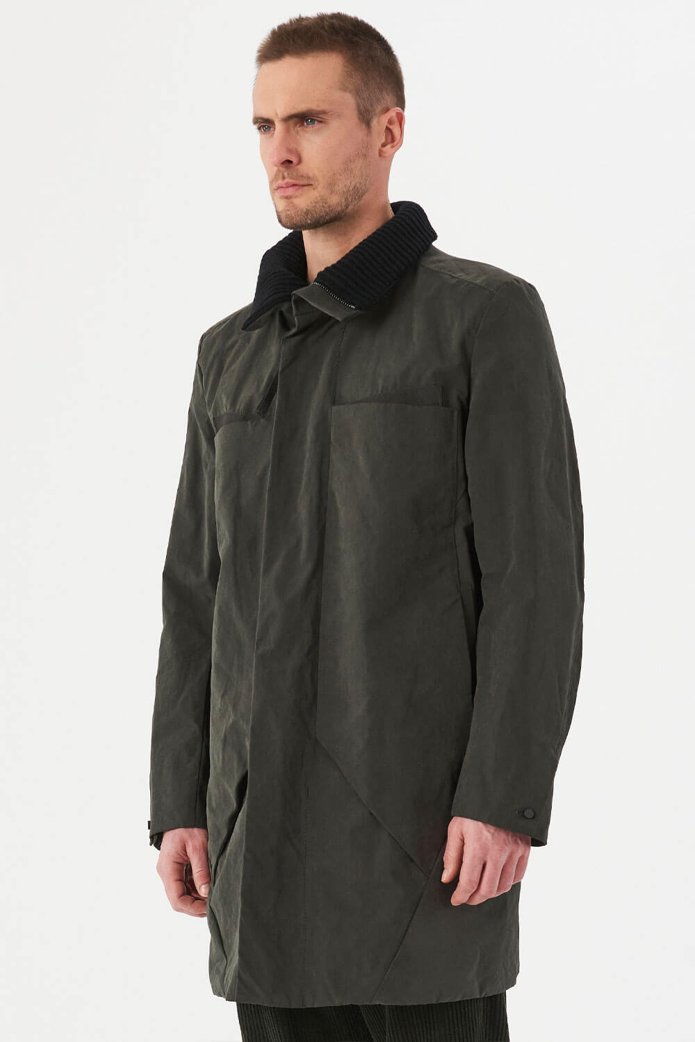 Knitted Collar Water-Repellent Trench Coat Khaki Green