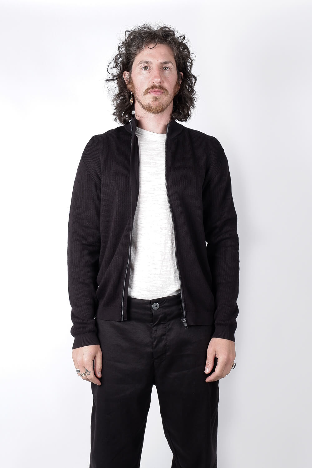 Ribbed Cotton Zip-Up Jacket Black