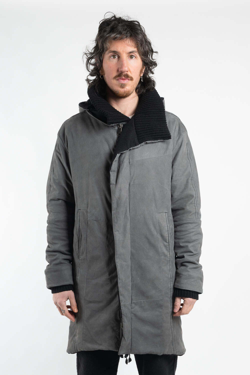 Lamb Leather W/ Wool Inserts Leather Parka Charcoal/Grey