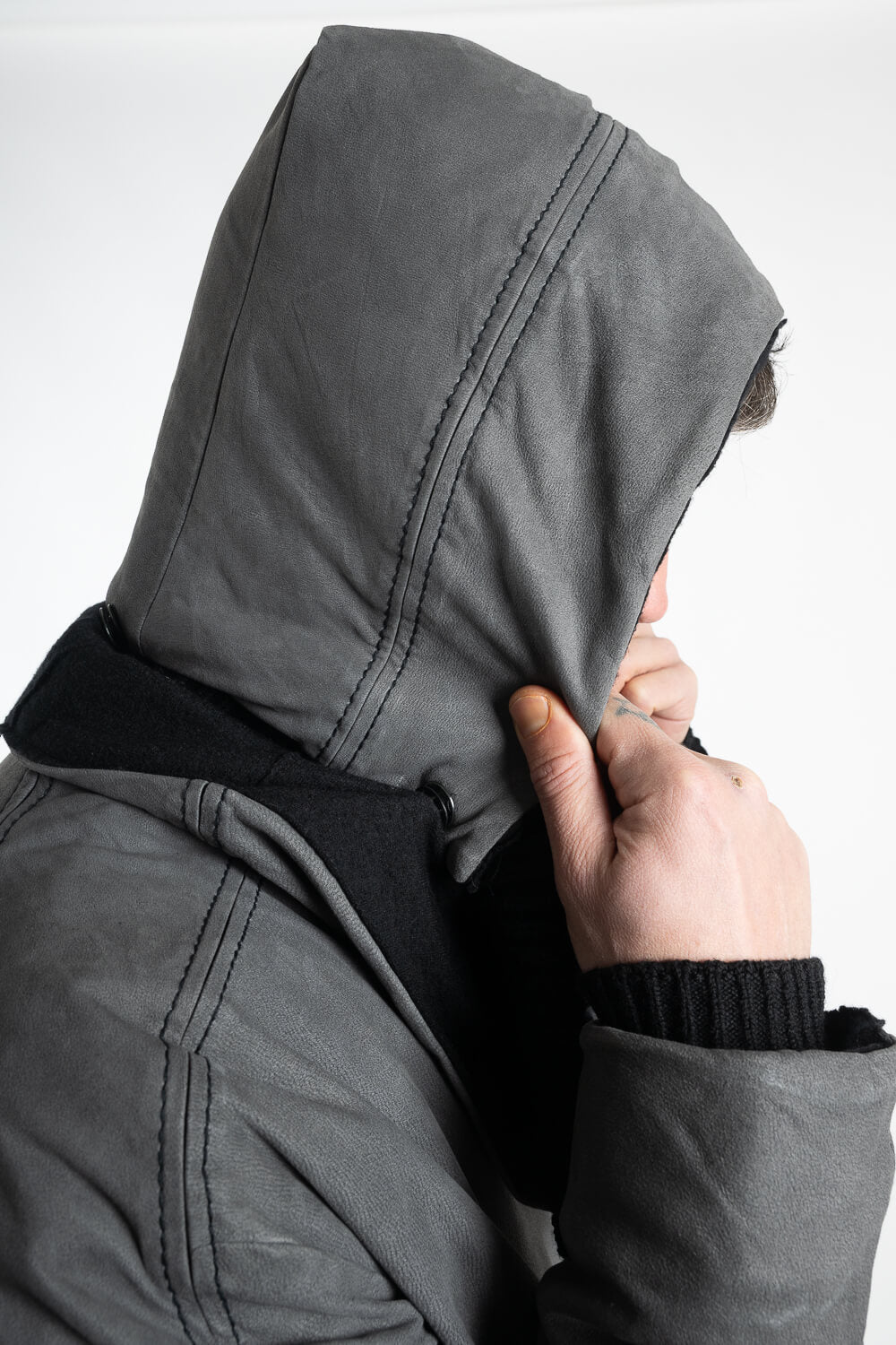 Lamb Leather W/ Wool Inserts Leather Parka Charcoal/Grey