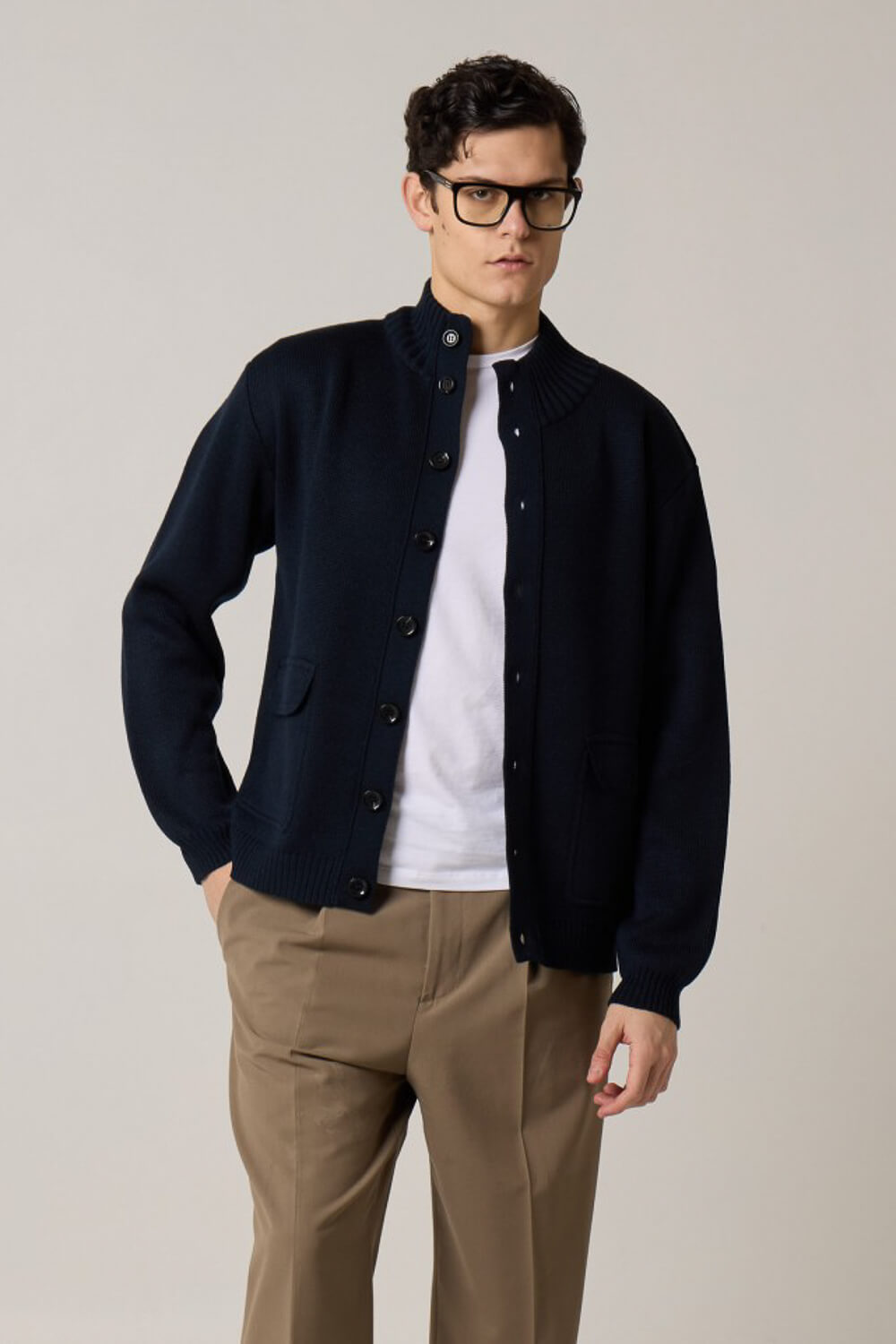 Lana/Merino Blend Button-Up Cardigan Dark Navy