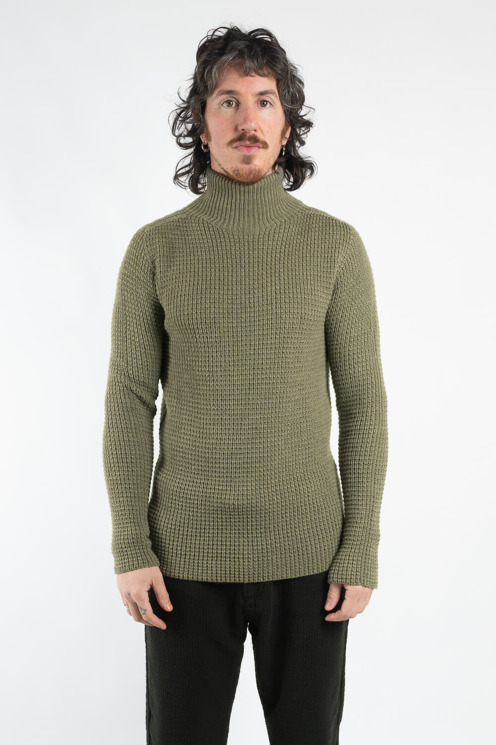 Lana Virgin Wool Cable Roll Neck Olive Green