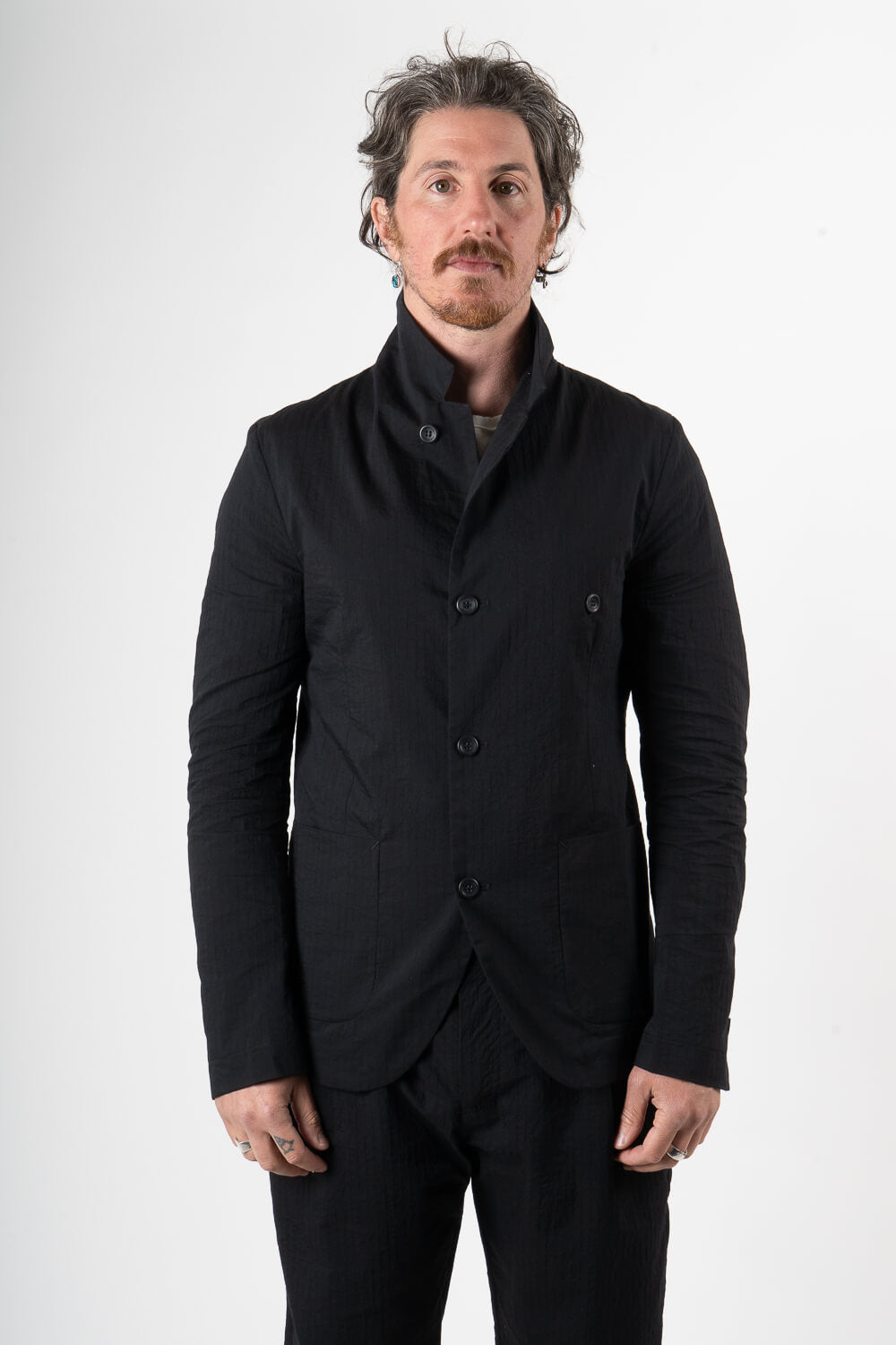 Lightweight Cotton Fine Striped Front Pocket Blazer Black