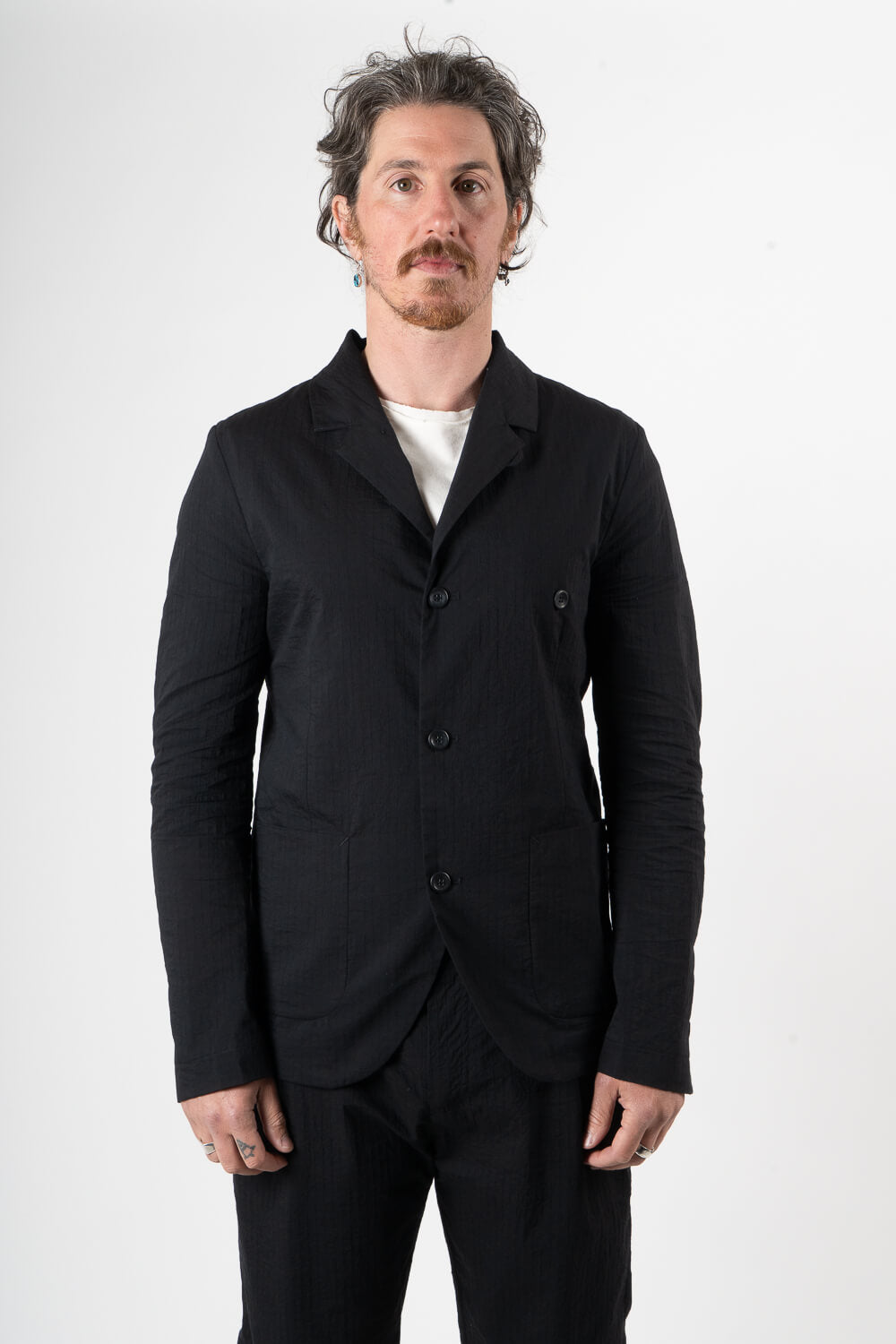 Lightweight Cotton Fine Striped Front Pocket Blazer Black