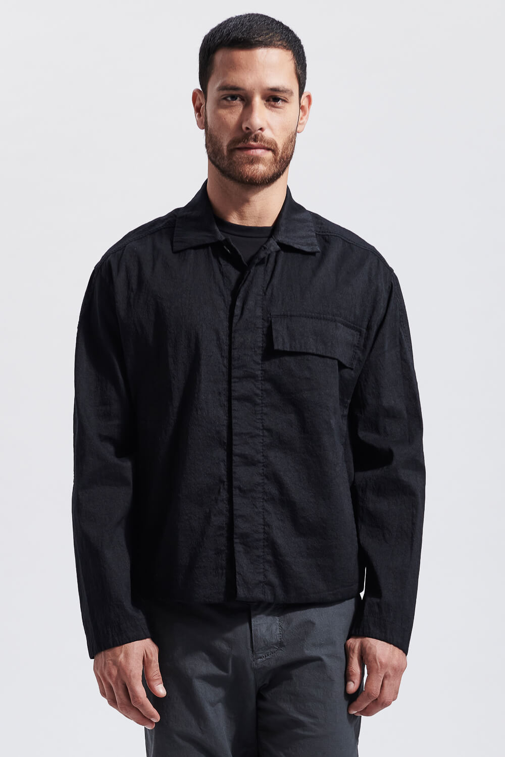 Linen/Cotton Blend Front Pocket Jacket Black