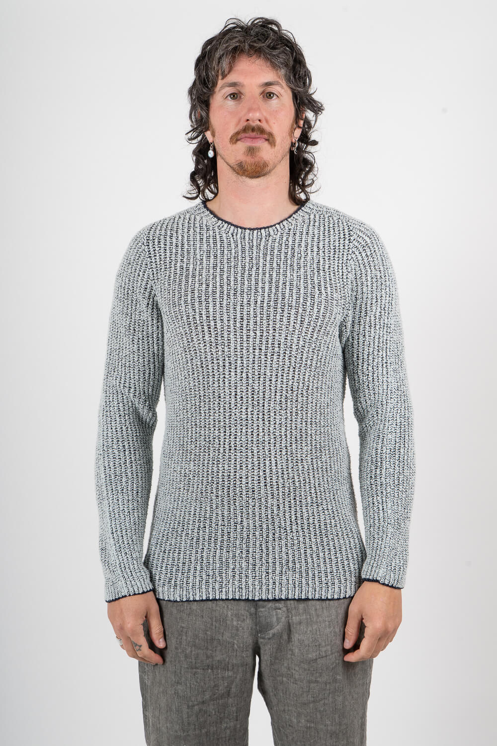 Linen/Cotton Knit Sweater Mint/Navy