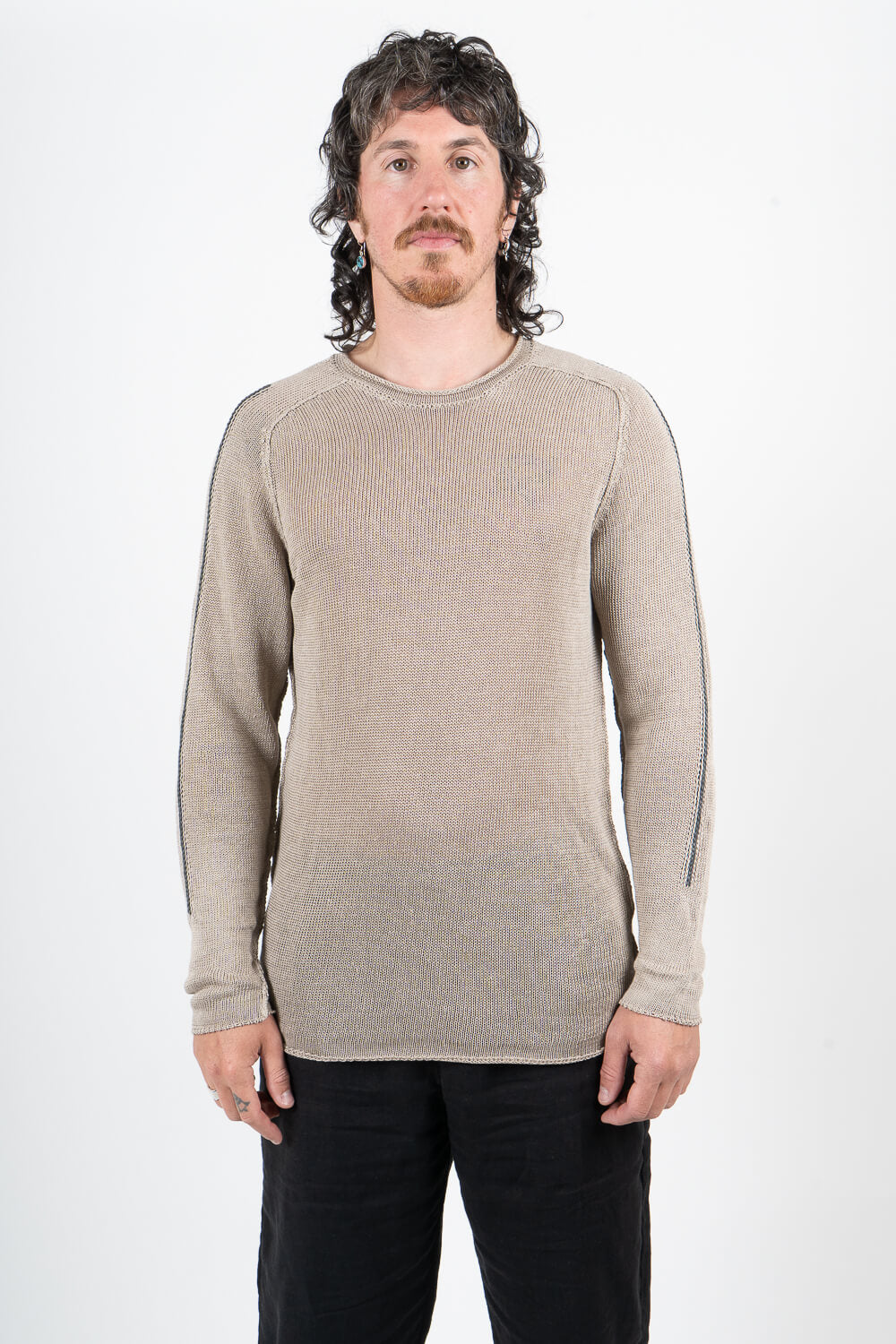 Long Sleeved Linen Textured Sweater Stone