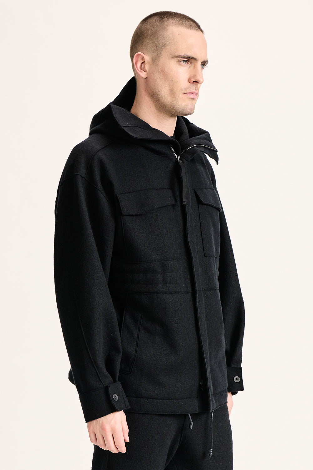 Loose-Fit Virgin Wool Safari Hooded Jacket Black