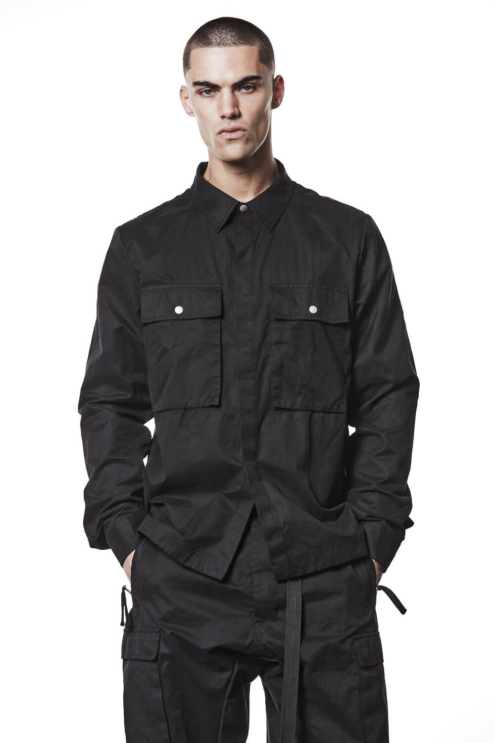 M H 175 Flap Chest Pockets Cotton Shirt Black