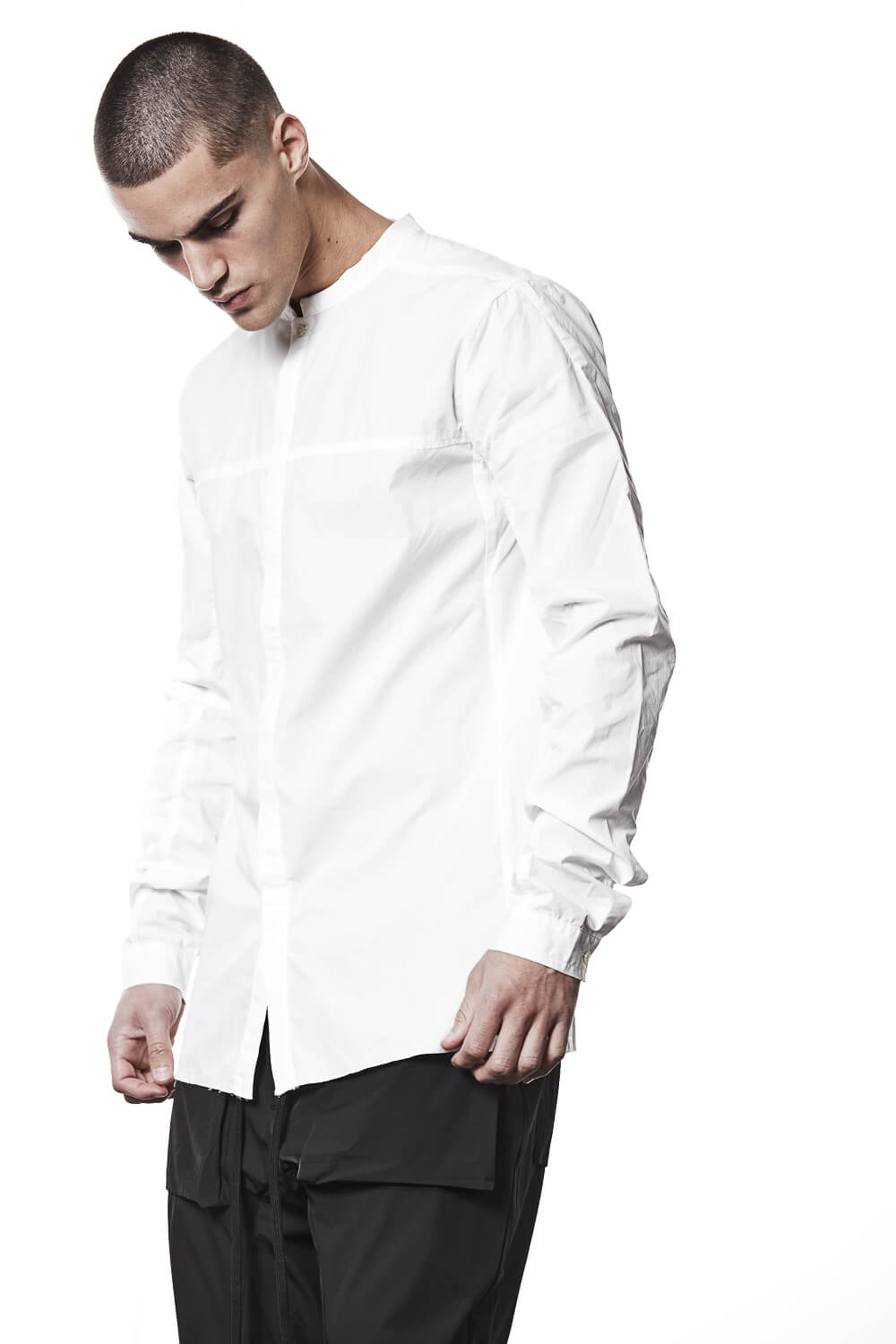 M H 177 Stand Up Collar Cotton Shirt White