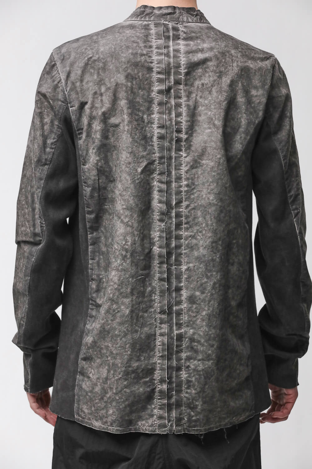 M H 184 Raw Hems Stand-Up Collar Shirt Grey