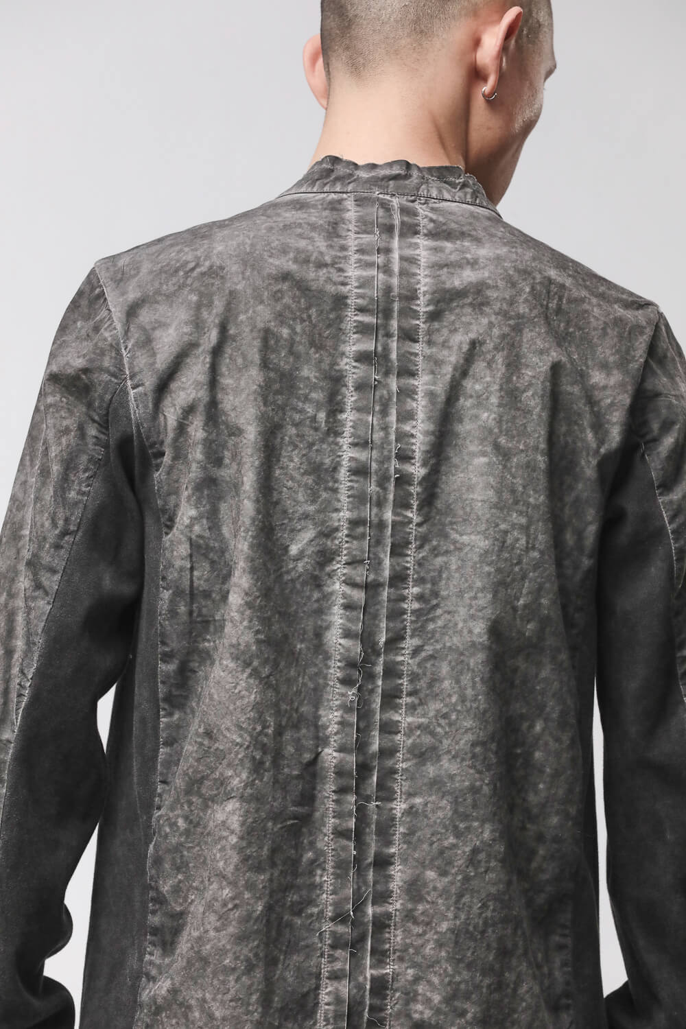 M H 184 Raw Hems Stand-Up Collar Shirt Grey