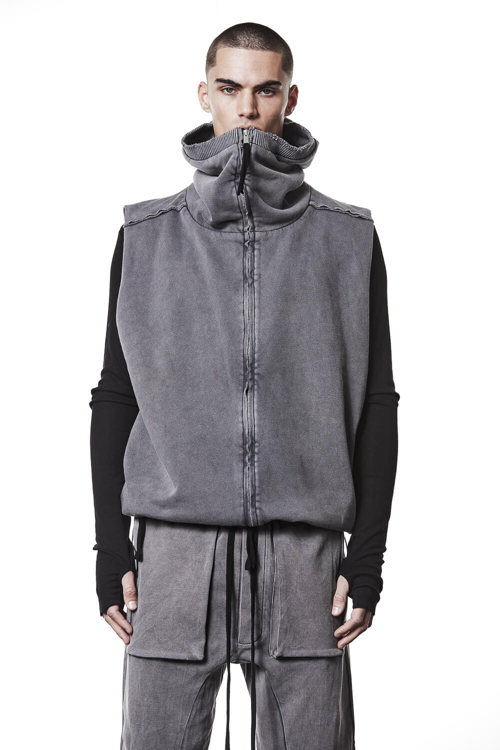 M SJ 684 Zip-Up Sleeveless Hooded Jacket Grey