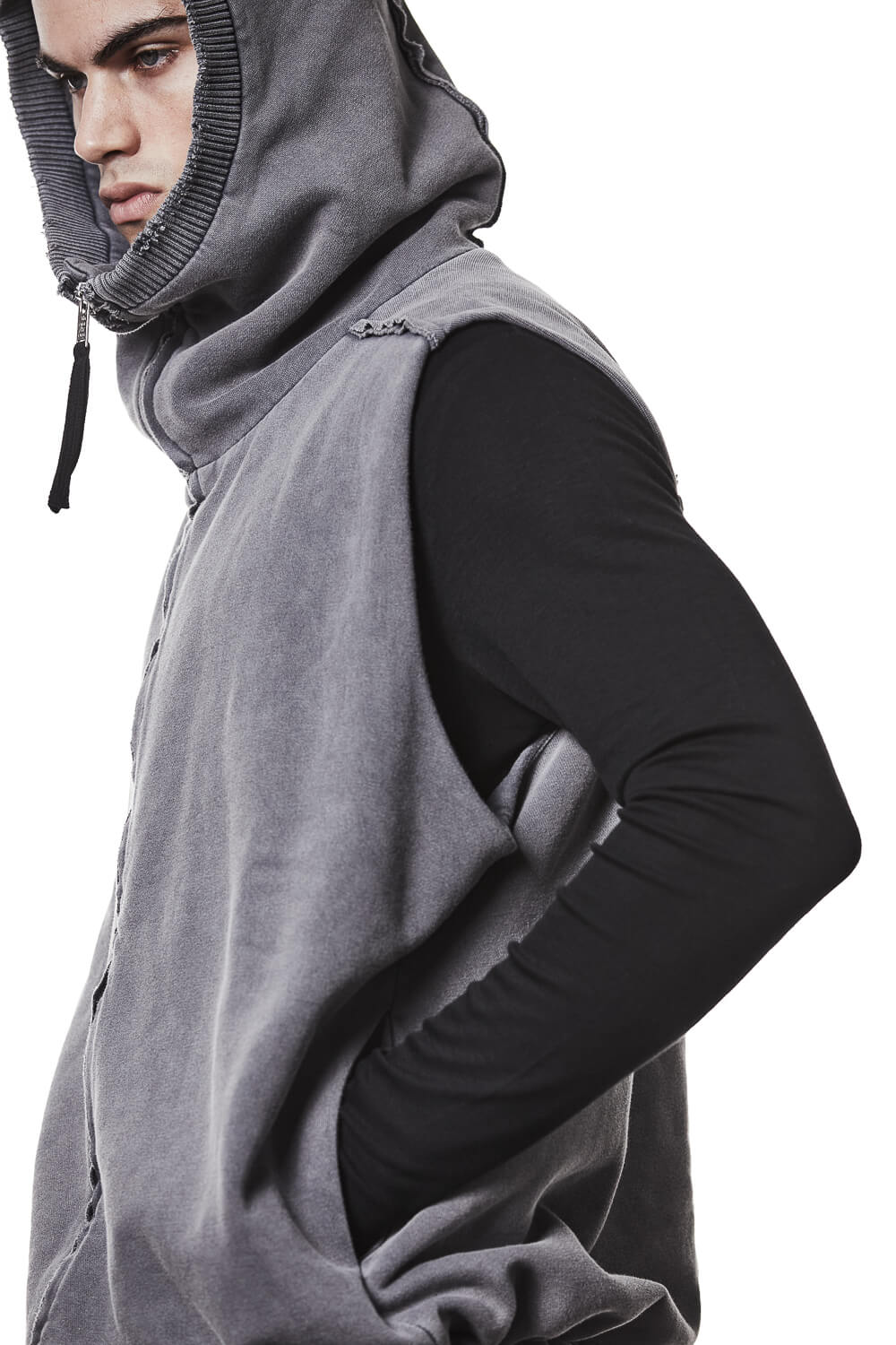 M SJ 684 Zip-Up Sleeveless Hooded Jacket Grey