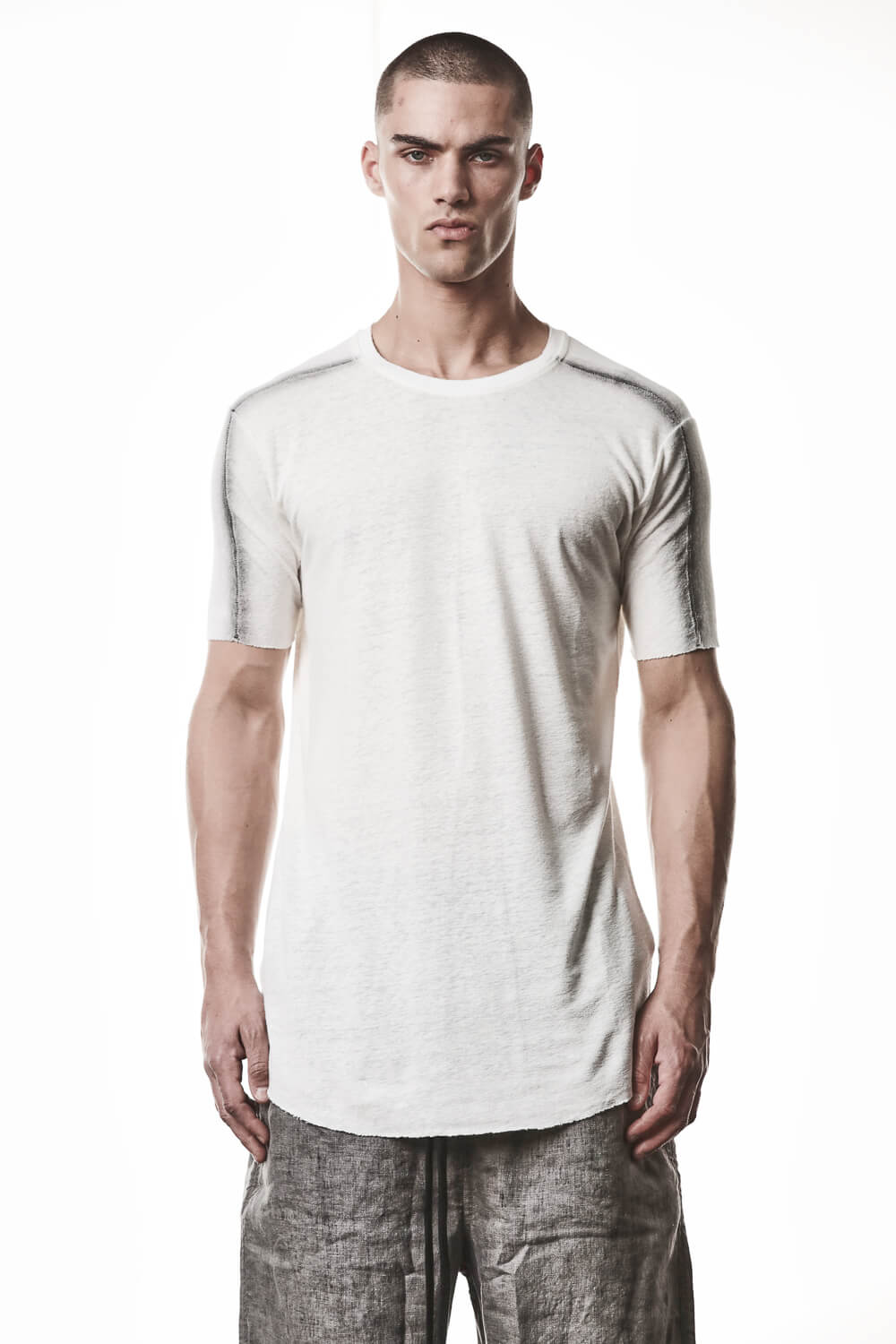 M TS 927 Cotton/Linen Ribbed Detail T-Shirt Off White