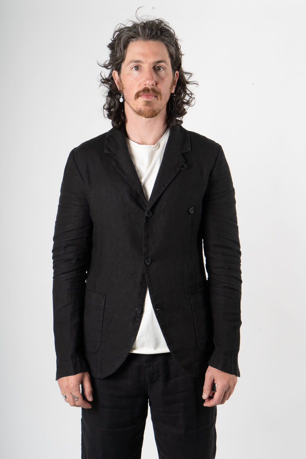 Mandarin Collar Front Pocket Linen Blazer Black