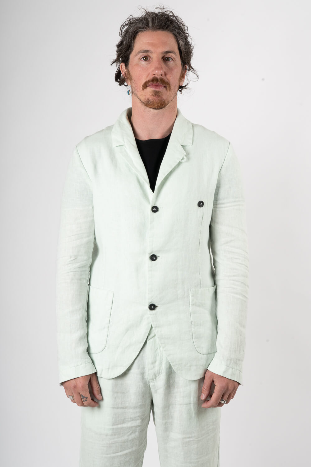 Mandarin Collar Front Pocket Linen Blazer Matcha