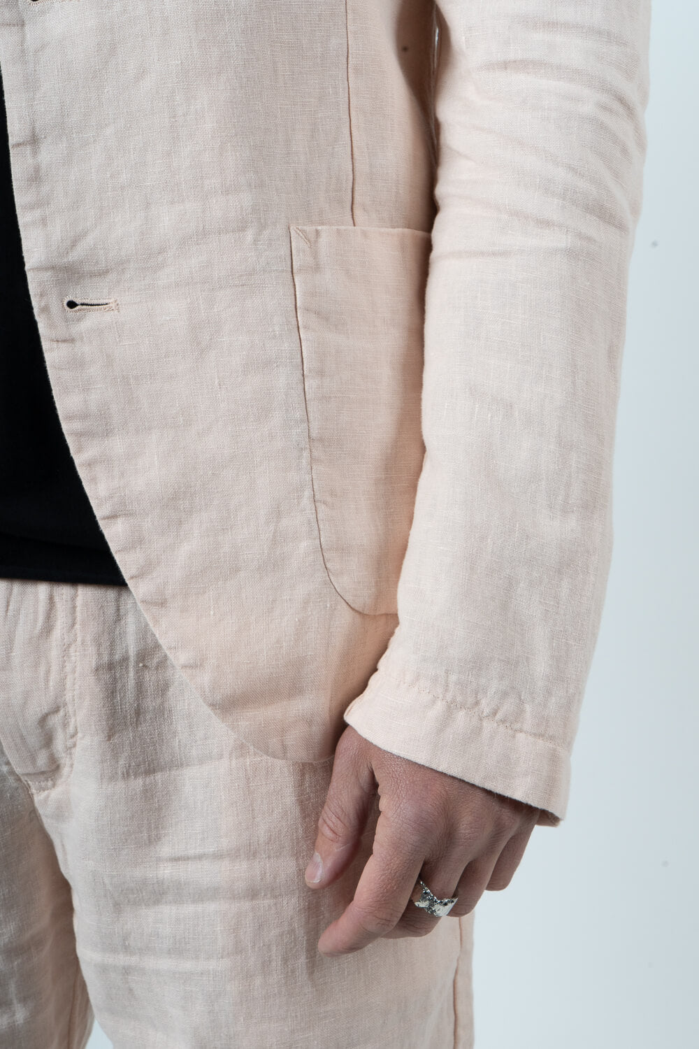 Mandarin Collar Front Pocket Linen Blazer Pink